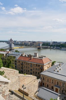 View from Buda district to Pest in Budapest. The Chain Bridge connects both parts of Budapest