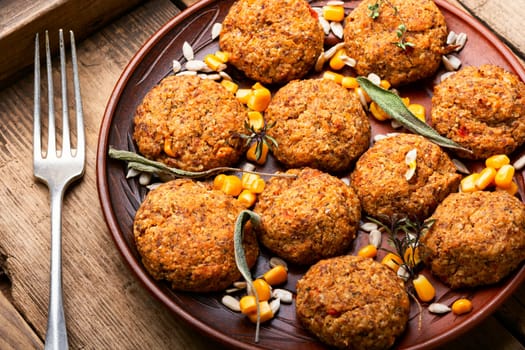 Vegetable balls. Delicious vegetable meatballs. Vegedelki from beans, corn, cabbage, rice and sunflower seeds.