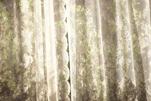 white curtain with window view tree garden background.