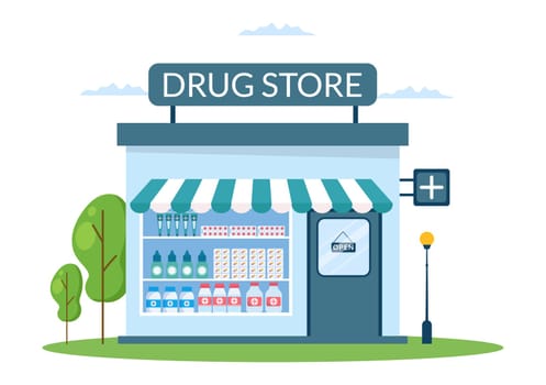 Drug Store Template Hand Drawn Cartoon Flat Illustration Shop for the Sale of Drugs, a Pharmacist, Medicine, Capsules and Bottle