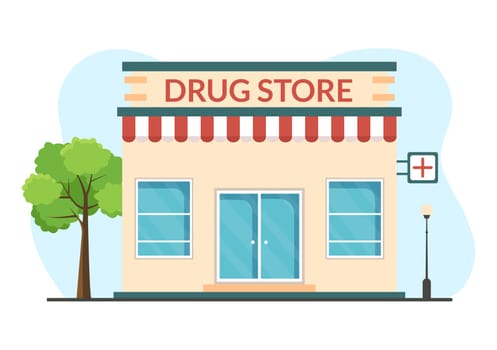 Drug Store Template Hand Drawn Cartoon Flat Illustration Shop for the Sale of Drugs, a Pharmacist, Medicine, Capsules and Bottle