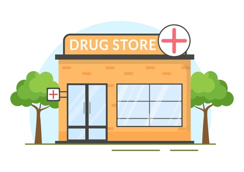 Drug Store Template Hand Drawn Cartoon Flat Illustration Shop for the Sale of Drugs, a Pharmacist, Medicine, Capsules and Bottle