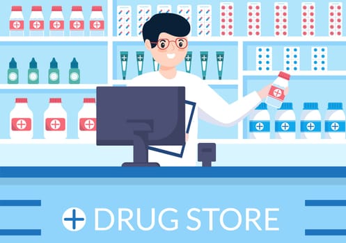Drug Store Template Hand Drawn Cartoon Flat Illustration Shop for the Sale of Drugs, a Pharmacist, Medicine, Capsules and Bottle