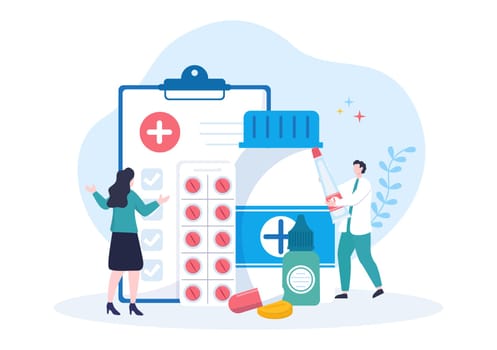 Drug Store Template Hand Drawn Cartoon Flat Illustration Shop for the Sale of Drugs, a Pharmacist, Medicine, Capsules and Bottle