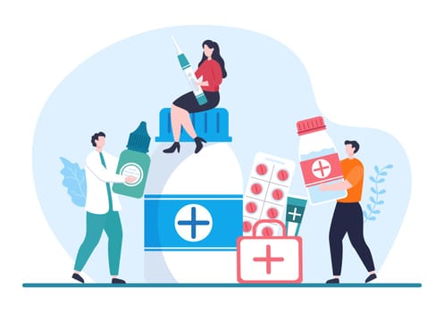 Drug Store Template Hand Drawn Cartoon Flat Illustration Shop for the Sale of Drugs, a Pharmacist, Medicine, Capsules and Bottle