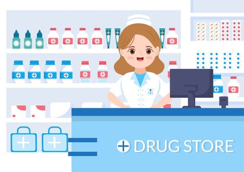 Drug Store Template Hand Drawn Cartoon Flat Illustration Shop for the Sale of Drugs, a Pharmacist, Medicine, Capsules and Bottle