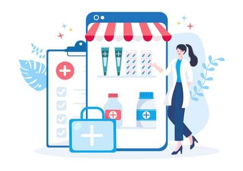 Drug Store Template Hand Drawn Cartoon Flat Illustration Shop for the Sale of Drugs, a Pharmacist, Medicine, Capsules and Bottle