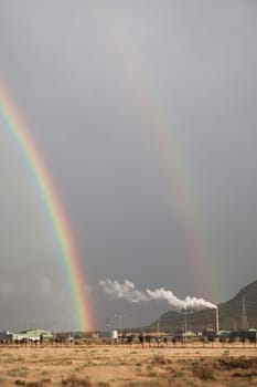 Double rainbow rising over an industrial area. Primary and secondary rainbows are visible