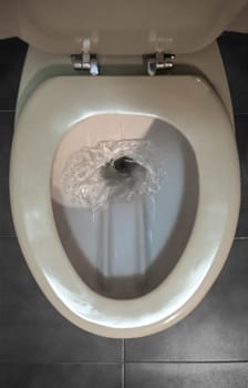 Old regular toilet flushing excessive use of water. Low-efficiency toilets