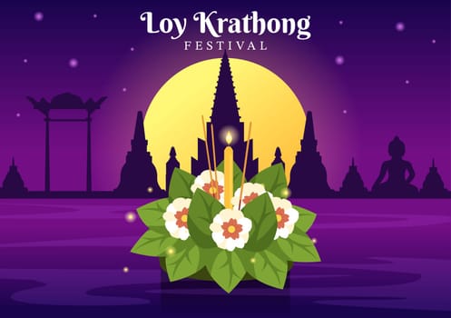 Loy Krathong Festival Celebration in Thailand Template Hand Drawn Cartoon Flat Illustration with Lanterns and Krathongs Floating on Water Design