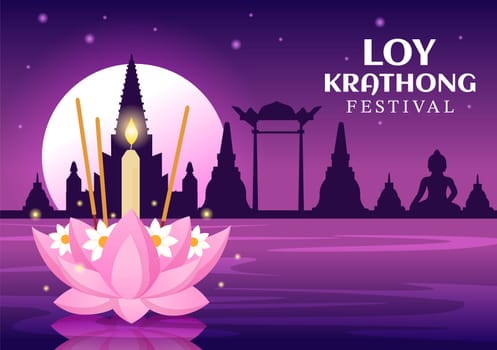 Loy Krathong Festival Celebration in Thailand Template Hand Drawn Cartoon Flat Illustration with Lanterns and Krathongs Floating on Water Design