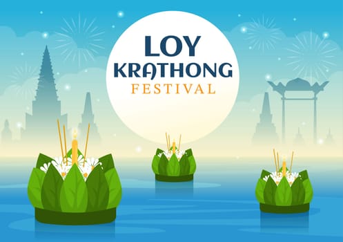 Loy Krathong Festival Celebration in Thailand Template Hand Drawn Cartoon Flat Illustration with Lanterns and Krathongs Floating on Water Design