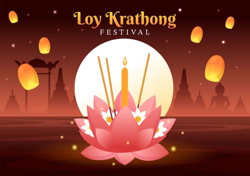 Loy Krathong Festival Celebration in Thailand Template Hand Drawn Cartoon Flat Illustration with Lanterns and Krathongs Floating on Water Design