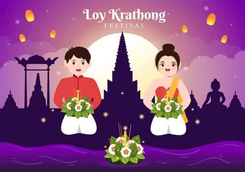 Loy Krathong Festival Celebration in Thailand Template Hand Drawn Cartoon Flat Illustration with Lanterns and Krathongs Floating on Water Design