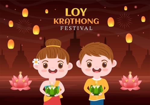 Loy Krathong Festival Celebration in Thailand Template Hand Drawn Cartoon Flat Illustration with Lanterns and Krathongs Floating on Water Design