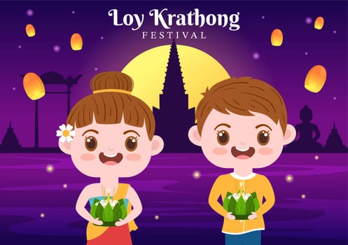 Loy Krathong Festival Celebration in Thailand Template Hand Drawn Cartoon Flat Illustration with Lanterns and Krathongs Floating on Water Design