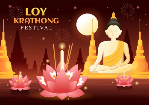 Loy Krathong Festival Celebration in Thailand Template Hand Drawn Cartoon Flat Illustration with Lanterns and Krathongs Floating on Water Design