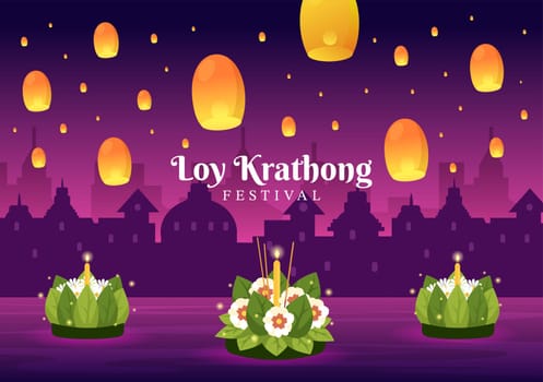 Loy Krathong Festival Celebration in Thailand Template Hand Drawn Cartoon Flat Illustration with Lanterns and Krathongs Floating on Water Design