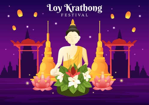 Loy Krathong Festival Celebration in Thailand Template Hand Drawn Cartoon Flat Illustration with Lanterns and Krathongs Floating on Water Design