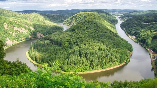 Saarschleife view from tree top walk tower. A lookout tower in Saarland. Pure nature. Scenic a beautiful sight