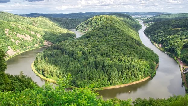Saarschleife view from tree top walk tower. A lookout tower in Saarland. Pure nature. Scenic a beautiful sight