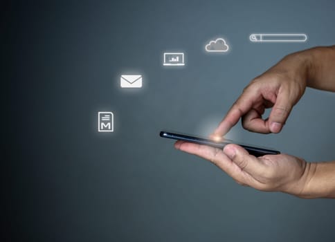 The phone is placed on the lid of the person  hand. Communication technology concept.