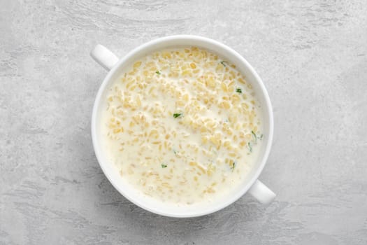 Top view of lean bulgur porridge in a bowl