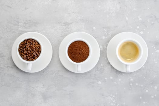 Three states of coffee - beans, ground coffee and liquid