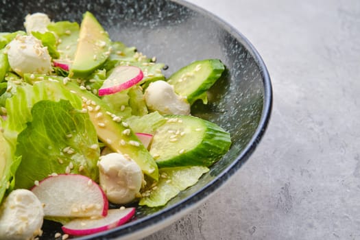 Closeup view of salad with lettuce, avocado, radish and mozzarella dressed with sesame