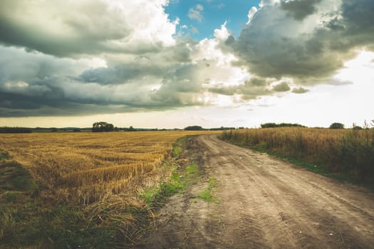 Rural road through farmland and clouds to the sky, summer view