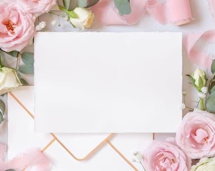 Paper card and envelope between light pink roses and silk ribbons on marble top view, wedding mockup. Romantic scene with blank card and pastel flowers flat lay. Valentines, Spring or Mothers day