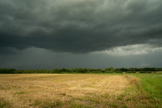 A dark stormy cloud over the fields, summer day