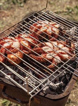 Fresh octopuses on the charcoal grill, Italy. Traditional Mediterranean cuisine. Grilling seafood outdoor with friends during summer time. Rustic style grilled octopus bbq