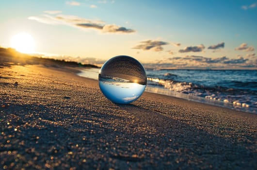 Glass globe on the beach of the Baltic Sea in Zingst in which the landscape is depicted. The sunset provides a warm light mood