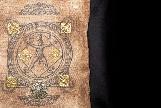 Ancient esoteric witchcraft background. Occultims and paganism old symbol, with mysterious runes and alphabet.