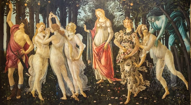 Florence, Italy - circa July 2021. Alessandro Botticelli - Spring, 1480. Renaissance Art in Uffizi Museum.