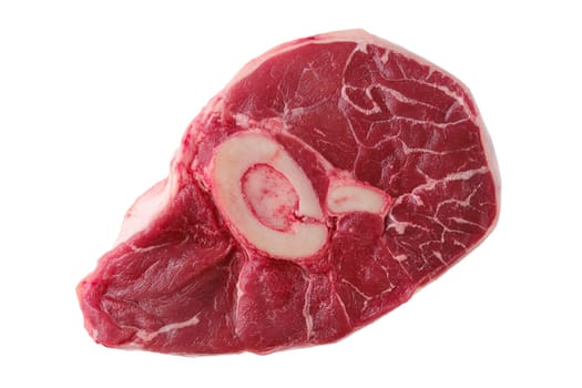 Overhead view of raw beef shank cross cut, ossobuco isolated on white background