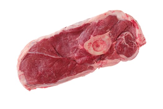 Overhead view of raw chuck eye steak isolated on white background