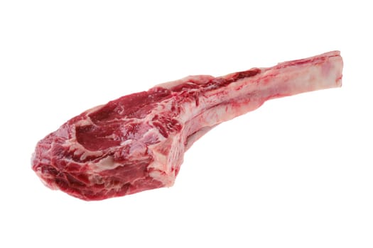 Raw beef cowboy steak, bone in rib steak isolated on white background