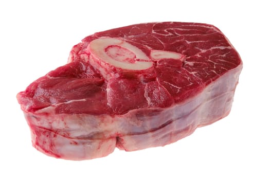 Raw beef shank cross cut, ossobuco isolated on white background