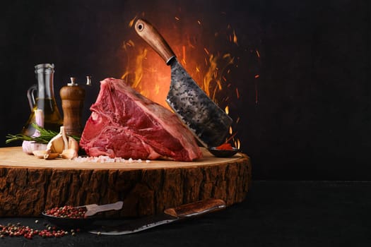 Raw porterhouse steak with ingredients for cooking on wooden log