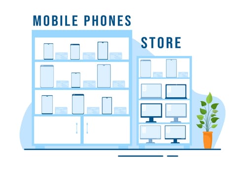 Mobile Phone Store Template Hand Drawn Cartoon Flat Illustration with Phones Models, Tablets, Gadget Retail, Other Devices and Accessories