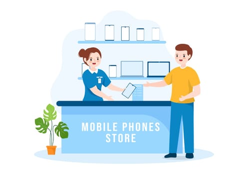 Mobile Phone Store Template Hand Drawn Cartoon Flat Illustration with Phones Models, Tablets, Gadget Retail, Other Devices and Accessories