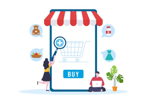 Mobile Phone Store Template Hand Drawn Cartoon Flat Illustration with Phones Models, Tablets, Gadget Retail, Other Devices and Accessories