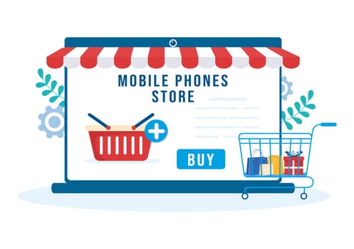 Mobile Phone Store Template Hand Drawn Cartoon Flat Illustration with Phones Models, Tablets, Gadget Retail, Other Devices and Accessories