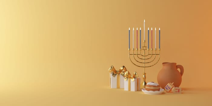 3d rendering Image of Jewish holiday Hanukkah with menorah or traditional Candelabra,gif box, donuts and wooden dreidels orspinning top, doughnut on a yellow background.