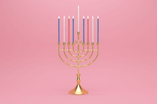 3d rendering Image of Jewish holiday Hanukkah with menorah or traditional Candelabra on a  pink background.