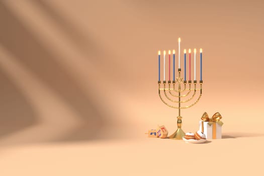 3d rendering Image of Jewish holiday Hanukkah with menorah or traditional Candelabra,gif box and wooden dreidels or spinning top on a  brown background.