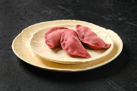 Concept of delivery of semifinished food. Sweet dumplings stuffed with cherry and frozen.
