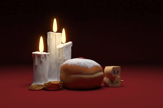 3d rendering Image of Jewish holiday Hanukkah with lighted candles, gold coin and wooden dreidels or spinning top on a  red flor and black background.